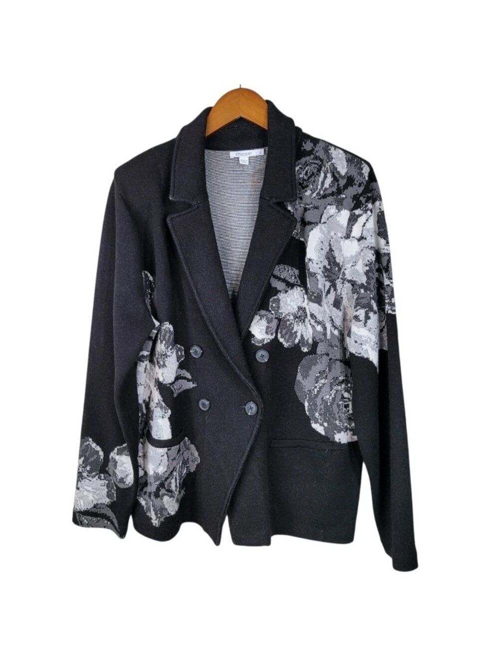 Chicos Size 3 XL Jacket Peacoat Button Up Knit Floral Jaquard Grey Rose Cardigan